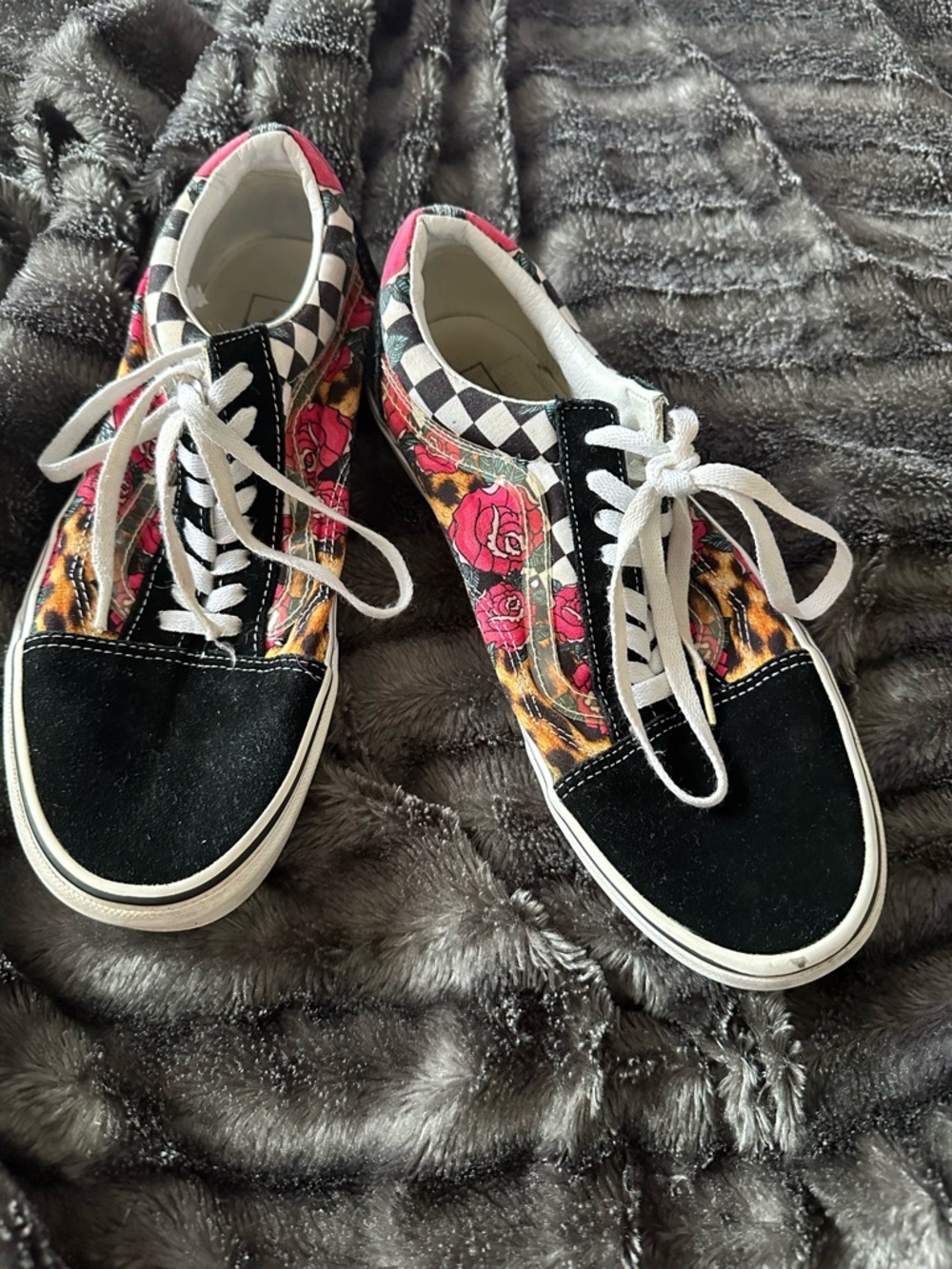 Unisex Leopard  Black Floral Checkerboard Lace-Up Sneakers Hipster Vans